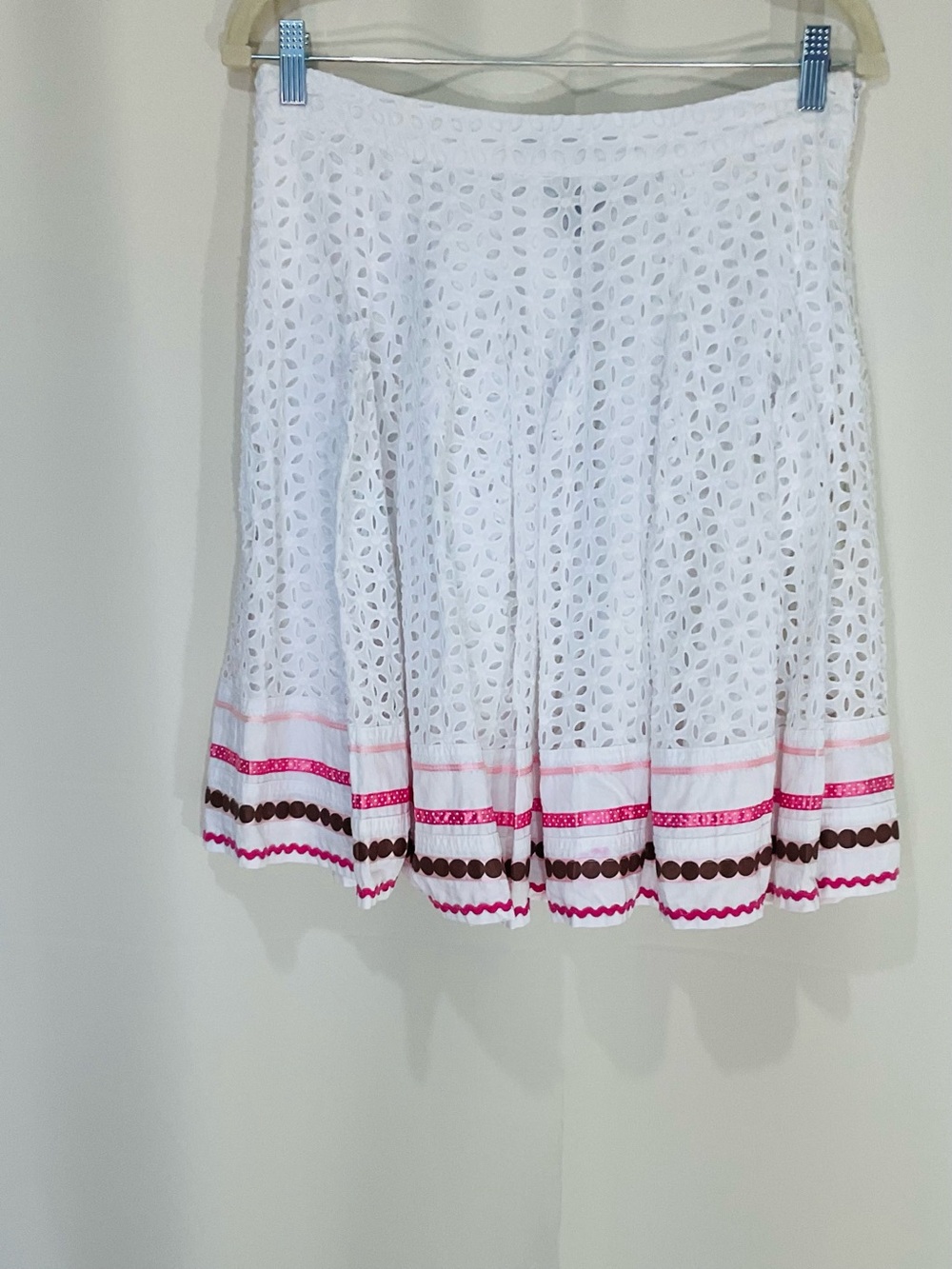 Willie Smith  Eyelet  and Ribbon A-Line Eyelet Skirt with Pink & Brown Trim